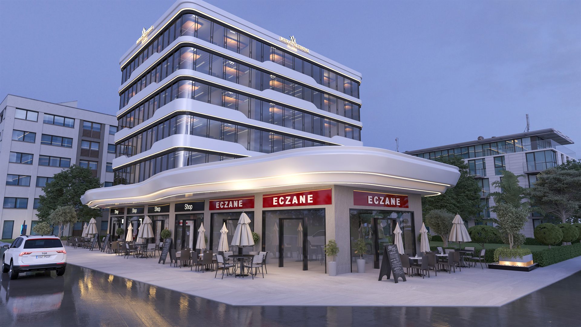 Murat Altındal Plaza iş merkezi köşe cephe ve mağaza renderı