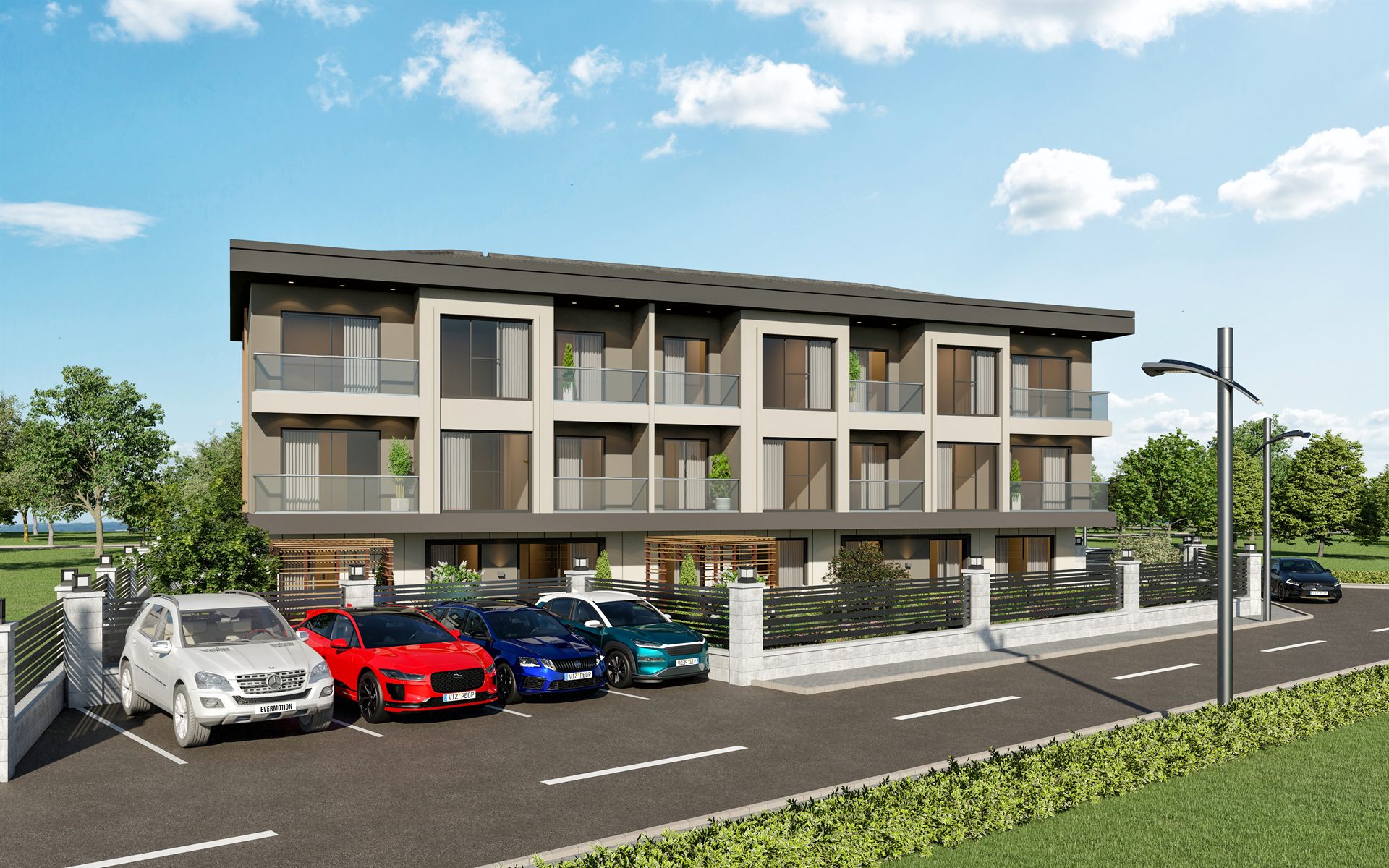 Turna Residence Çorlu ön cephe ve bahçe düzeni renderı