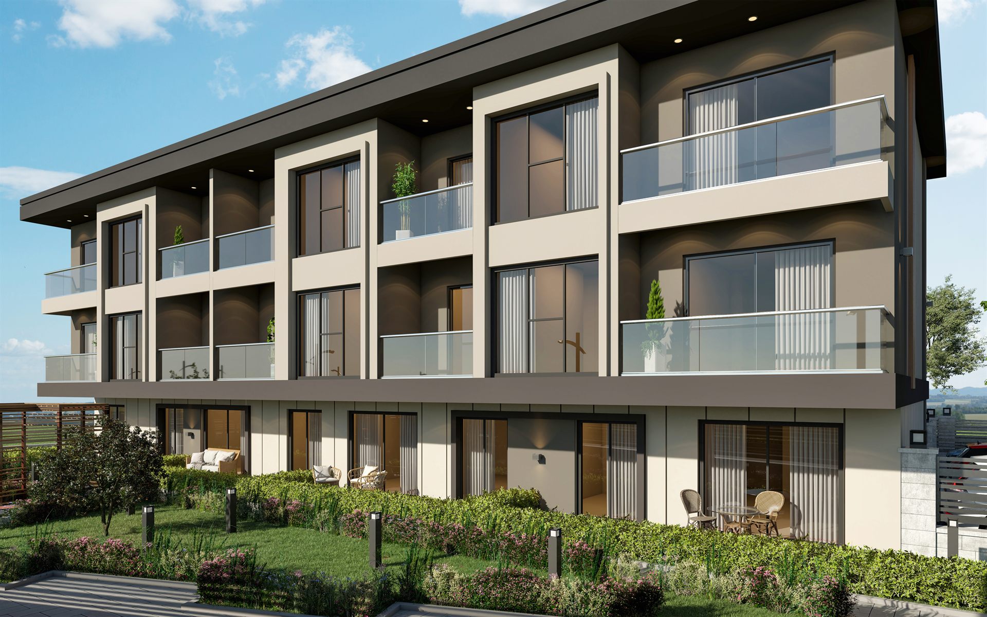 Turna Residence balkon, bahçe ve modern cephe detayı