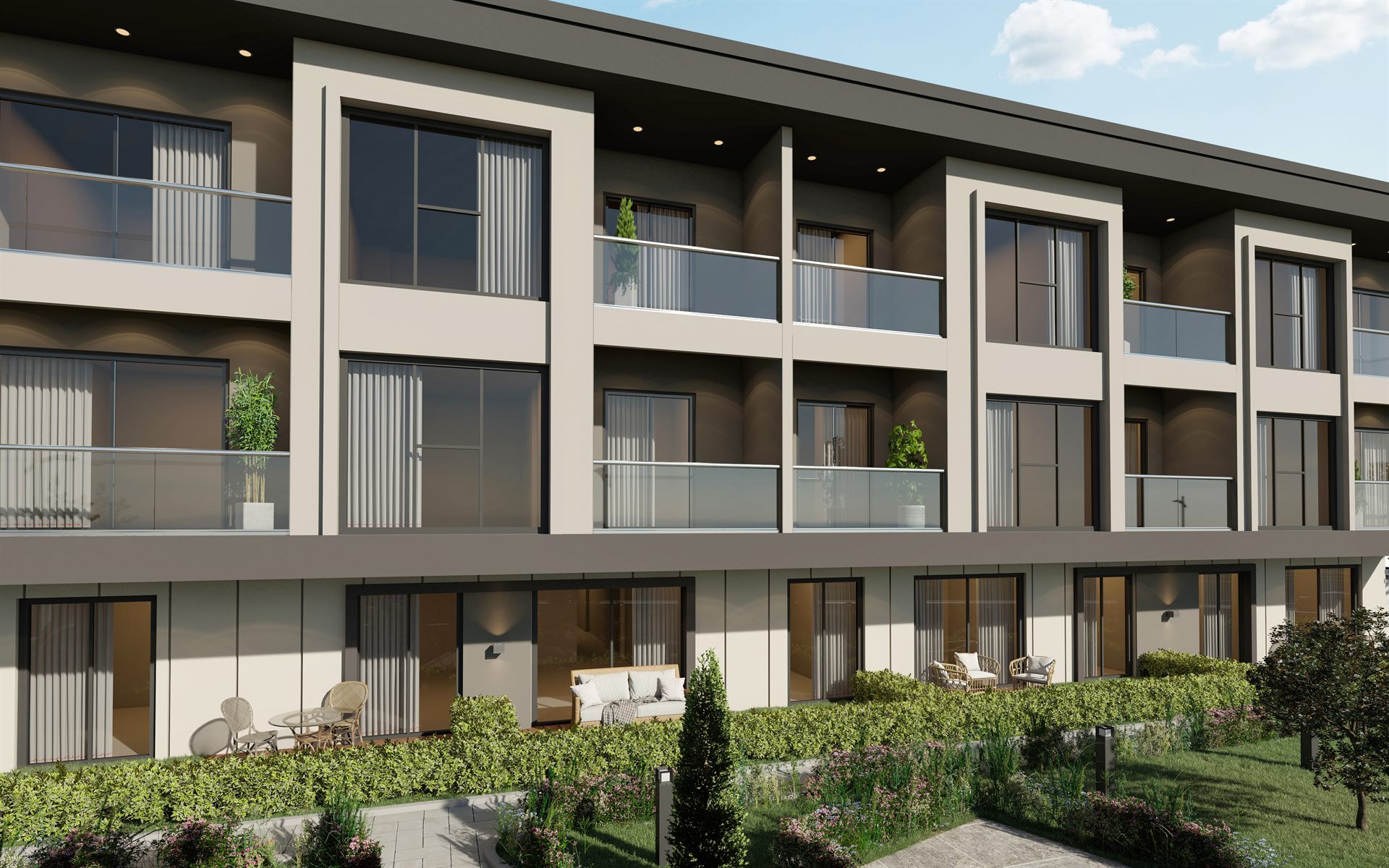 Turna Residence geniş balkonlu konut cephe detayı