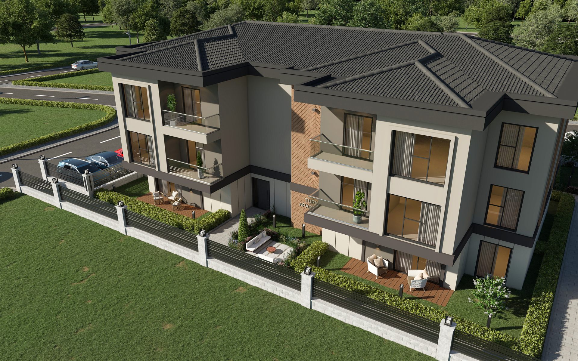Turna Residence üst açı vaziyet ve peyzaj renderı