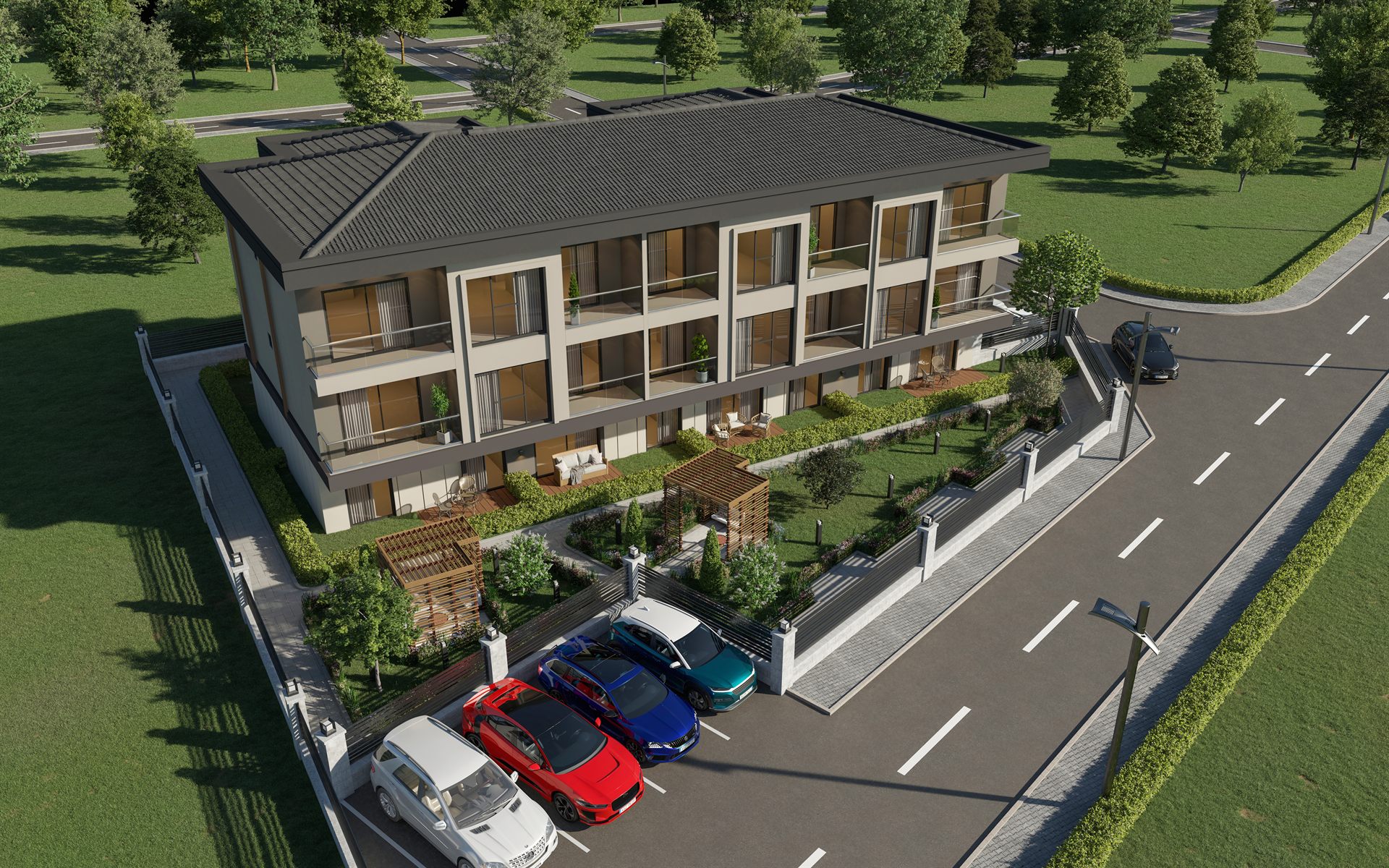 Turna Residence otopark, bahçe ve vaziyet planı renderı