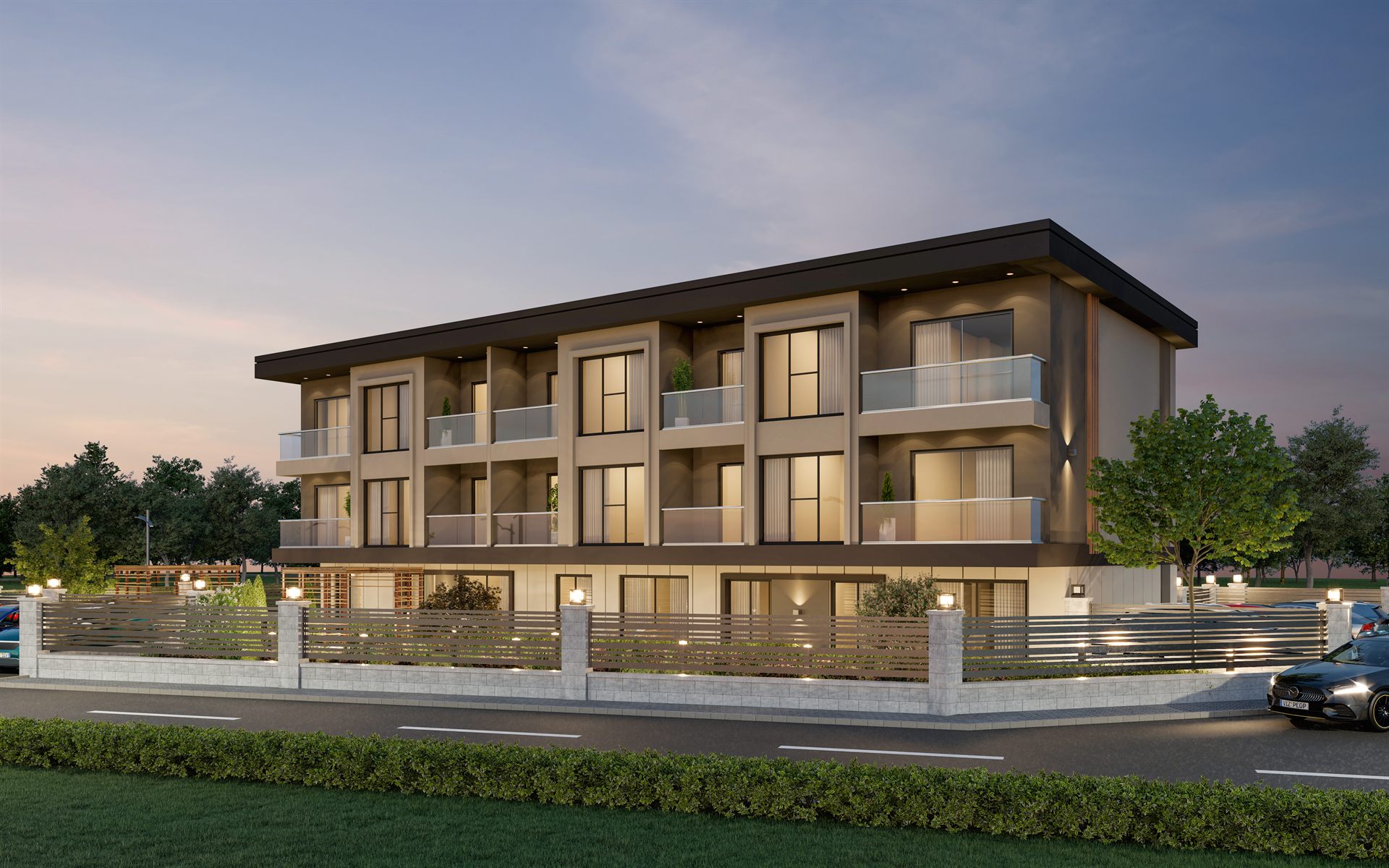 Turna Residence gece aydınlatmalı dış cephe renderı