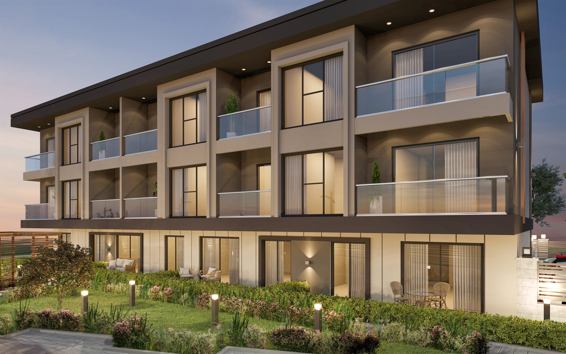 Turna Residence gece balkon ve bahçe renderı