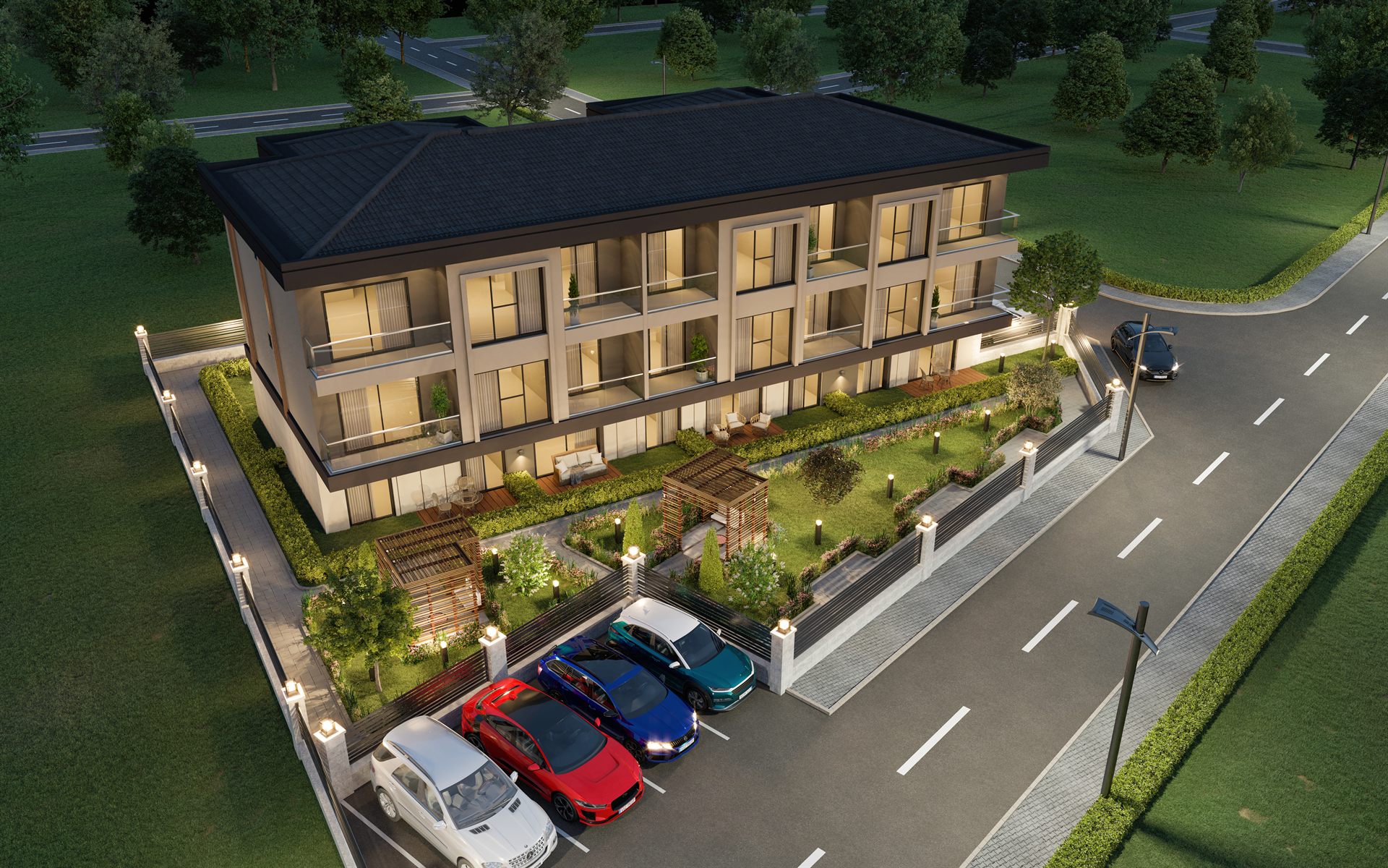 Turna Residence gece üst açı site ve otopark renderı
